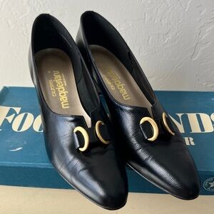 California Magdesian’s Black Leather Heels with Gold Accents
